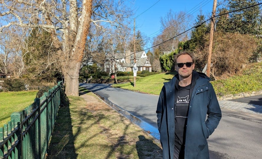 Mount Vernon activist Gabriel Thompson stands on Locust Lane by the Bronxville Field Club, and the corner of Locust and Central Parkway where the village of Bronxville's new stormwater line is planned to connect to Mount Vernon's undersized system.