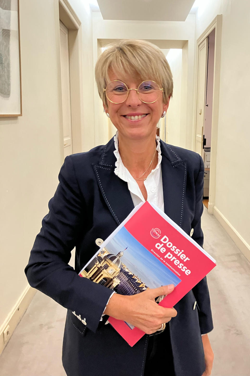 Annick Billon, co-author and president of the Senate's delegation, poses at the. French Senate, Wednesday, Sept. 28, 2022 in Paris. Sexual and physical abuse in France's porn industry is "systemic" and lawmakers should better regulate the production of videos and protect children who are "heavily exposed" to the content, according to a French Senate report. (AP Photo/Oleg Cetinic)
