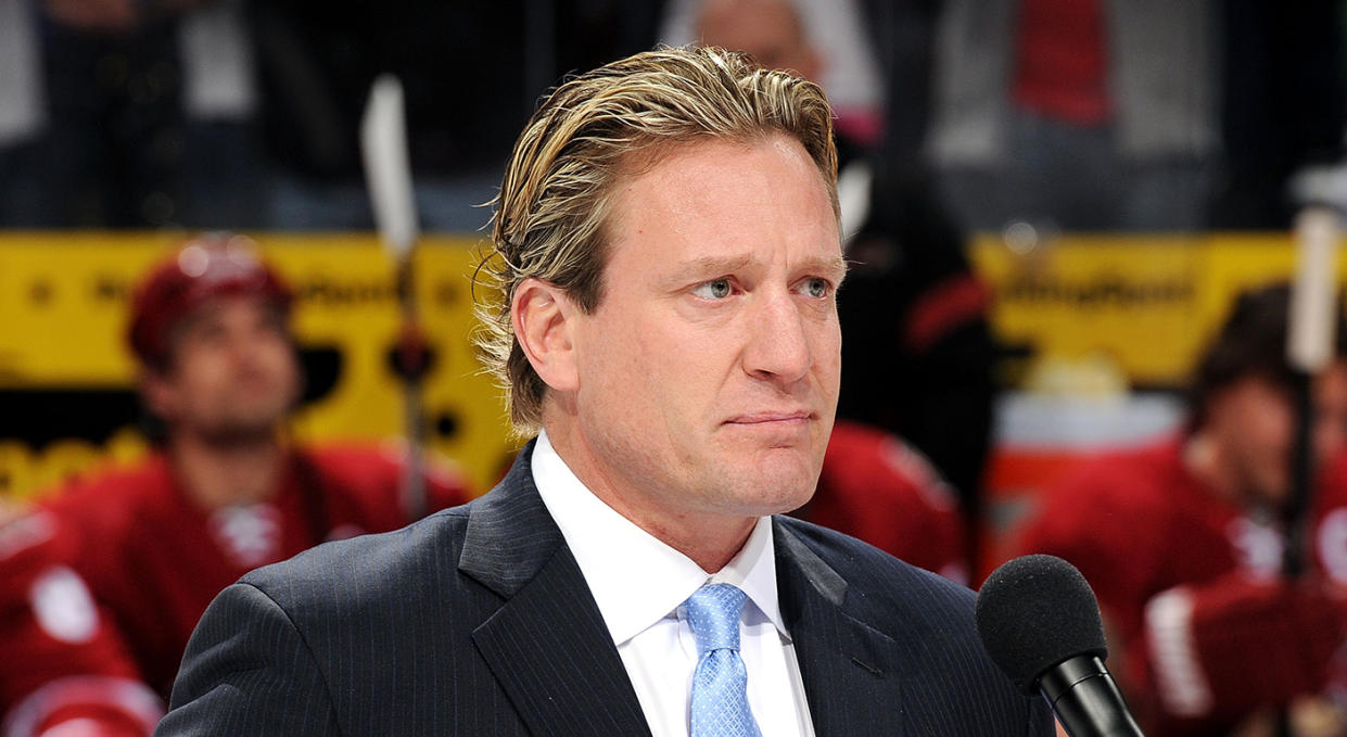 GLENDALE, AZ - FEBRUARY 11: Jeremy Roenick gets emotional as he addresses the crowd during his induction ceremony into the Phoenix Coyotes Ring of Honor prior to the game against the Chicago Blackhawks at Jobing.com Arena on February 11, 2012 in Glendale, Arizona. (Photo by Norm Hall/NHLI via Getty Images)  