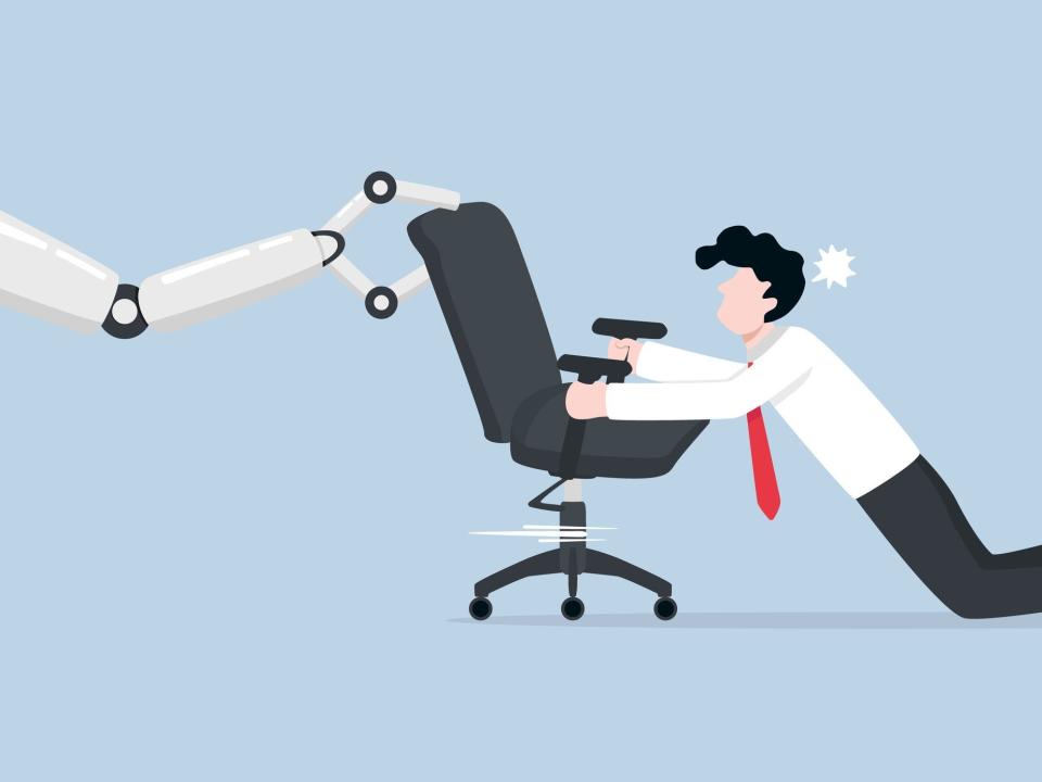 illustration of robot pulling chair away from office worker