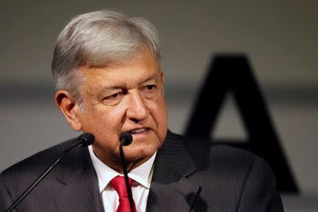 FILE PHOTO: Mexican presidential candidate Andres Manuel Lopez Obrador of the National Regeneration Movement (MORENA) speaks during the presentation of his shadow cabinet for the July 2018 presidential election, in Mexico City, Mexico December 14, 2017. REUTERS/Edgard Garrido/File Photo