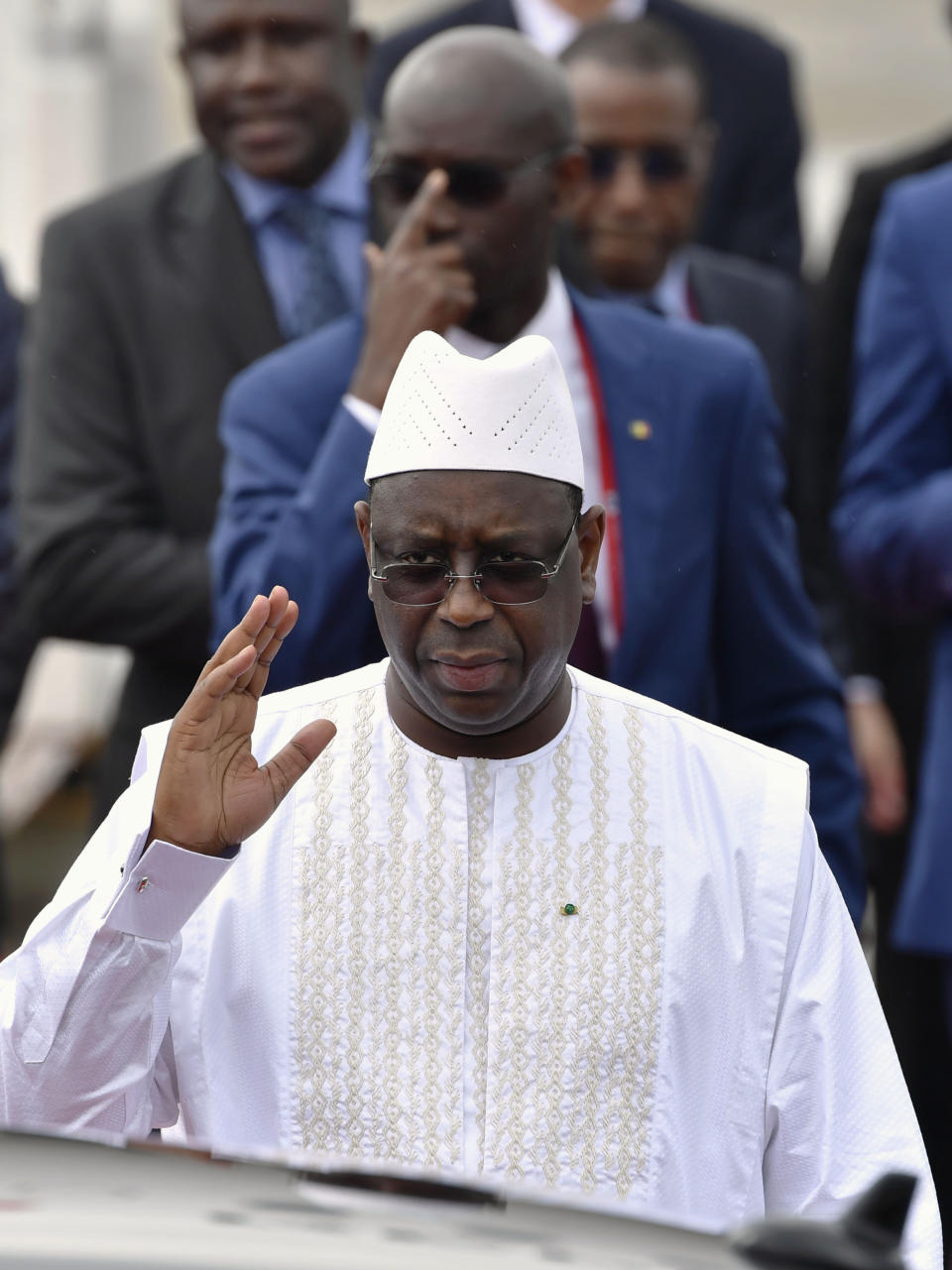 Senegal's President Macky Sall arrives at Kansai International Airport in Izumisano, Osaka prefecture, western Japan, Thursday, June 27, 2019. Group of 20 leaders gather in Osaka on June 28 and 29 for their annual summit.(Nobuki Ito/Kyodo News via AP)