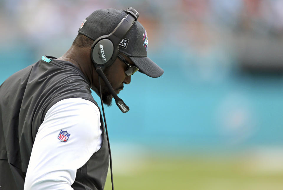 Miami Dolphins Brian Flores looks on during the fourth quarter of an NFL football game against the Atlanta Falcons, Sunday, Oct. 24, 2021, in Miami Gardens, Fla. (David Santiago/Miami Herald via AP)