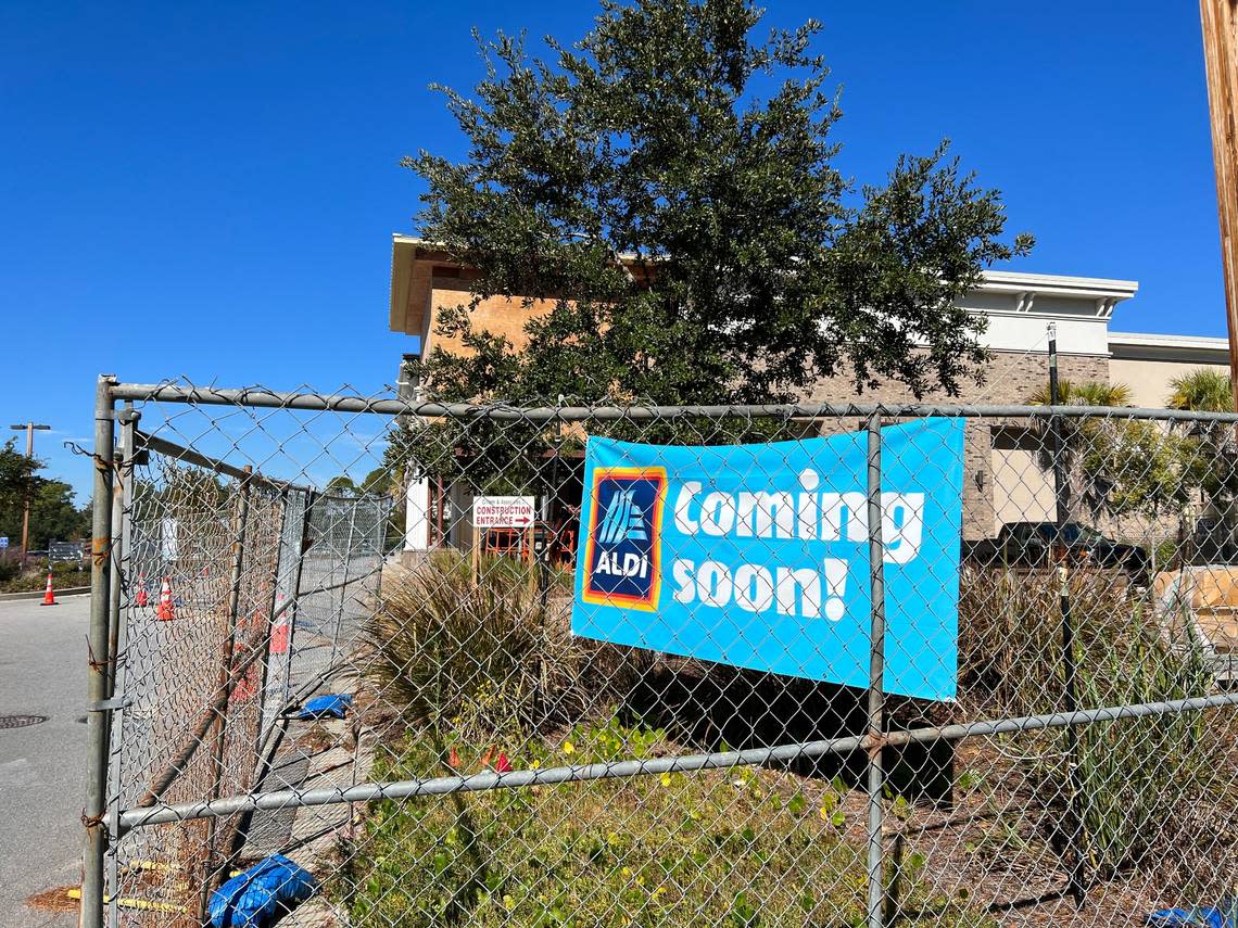Signs saying an Aldi is coming soon are hanging at a shopping center where renovations are underway along U.S. 278 in Bluffton.