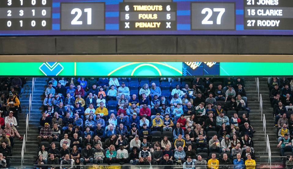 Fans sit in the stands during a timeout Saturday, Jan. 14, 2023 at Gainbridge Fieldhouse in Indianapolis. The Memphis Grizzlies lead after the half against the Indiana Pacers, 73-58.