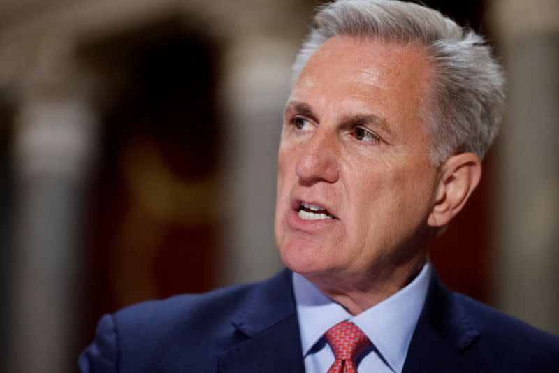 FILE PHOTO: U.S. House Speaker McCarthy speaks with reporters at the U.S. Capitol in Washington