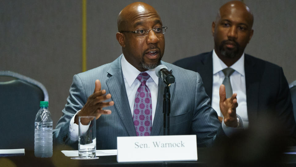 U.S. Sen. Raphael Warnock (D-GA) speaks during a U.S. Senate Rules Committee Georgia Field Hearing on the right to vote at the National Center for Civil and Human Rights on July 19, 2021 in Atlanta, Georgia. (Elijah Nouvelage/Getty Images)