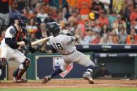 Oct 21, 2017; Houston, TX, USA; New York Yankees shortstop Didi Gregorius (18) avoids being hit by a pitch in the sixth inning against the Houston Astros during game seven of the 2017 ALCS playoff baseball series at Minute Maid Park. Thomas B. Shea-USA TODAY Sports