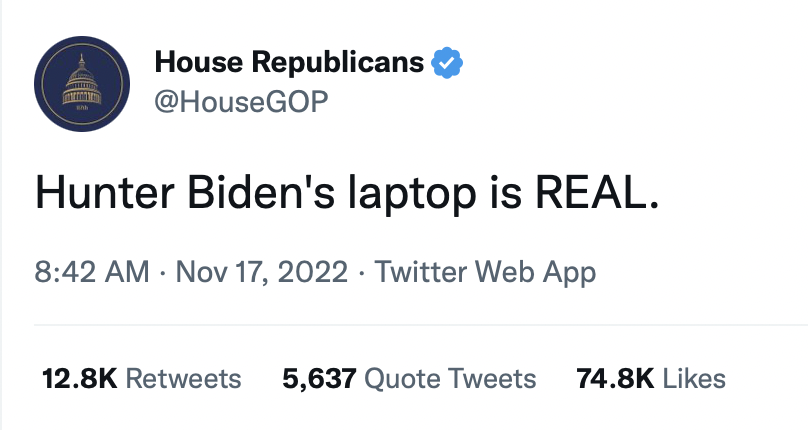 A screenshot of a tweet sent by the House Republicans on Nov. 17, 2022.