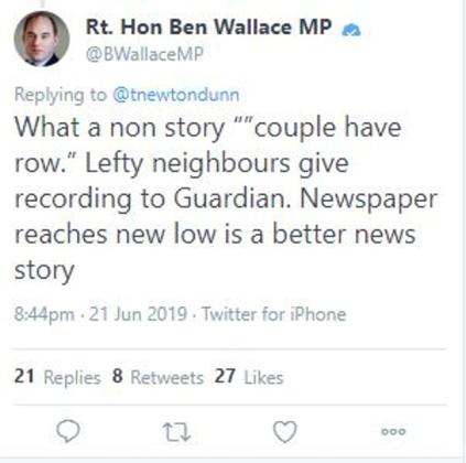 Screengrab taken from the Twitter account of @BWallace_MP of his now deleted comment on a story about police being called to the home of Boris Johnson (@BWallace_MP/PA)