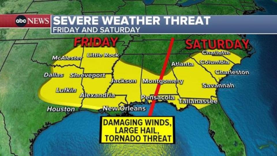 PHOTO: Severe weather forecast for Friday and Saturday. (ABC News)