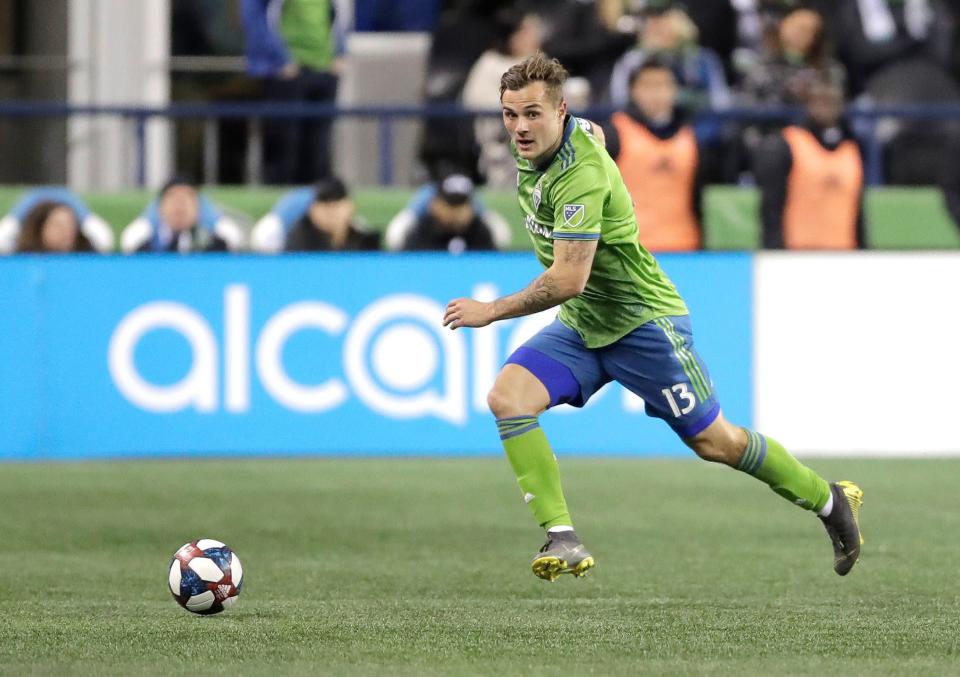 Seattle Sounders forward Jordan Morris moves the ball against FC Cincinnati during the second half of an MLS soccer match, Saturday, March 2, 2019, in Seattle. The Sounders won 4-1. (AP Photo/Ted S. Warren)