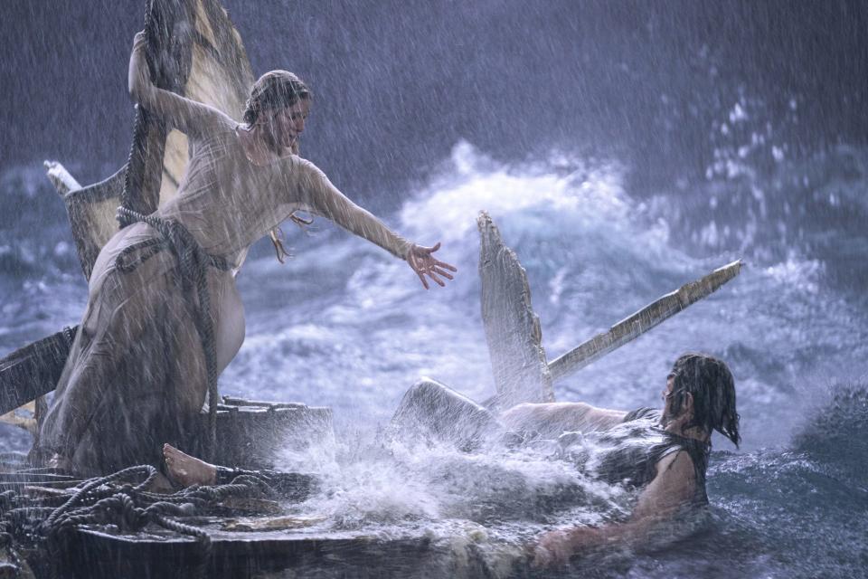 Galadriel reaches out to Halbrand during a storm at sea on The Rings of Power