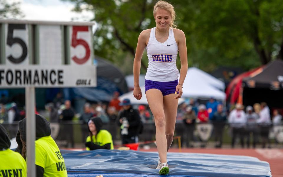 Fort Collins high jumper Brooke Naughton smiles after clearing 5 feet, 5 inches during the Colorado state track and field meet at Jeffco Stadium on May 21.