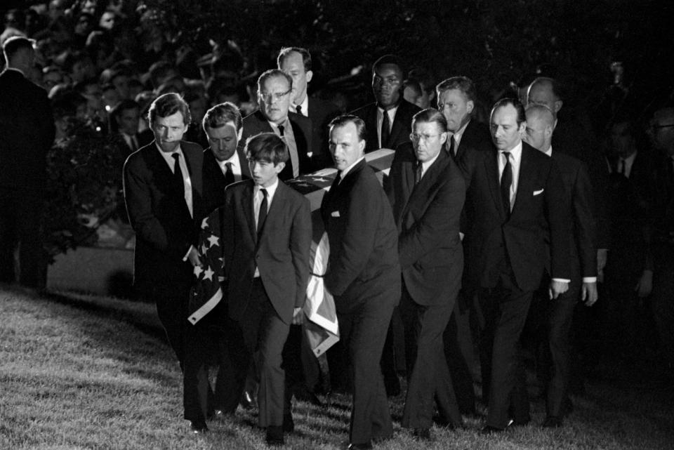 Pallbearers carry the coffin of Sen. Robert F. Kennedy at Arlington National Cemetery on June 9, 1968