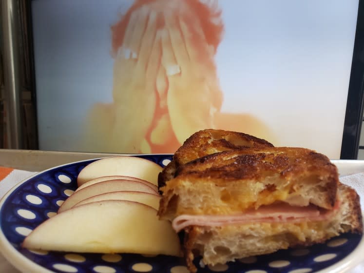 A grilled ham and cheese sandwich with a scene from the 1988 disaster movie "Miracle Mile"