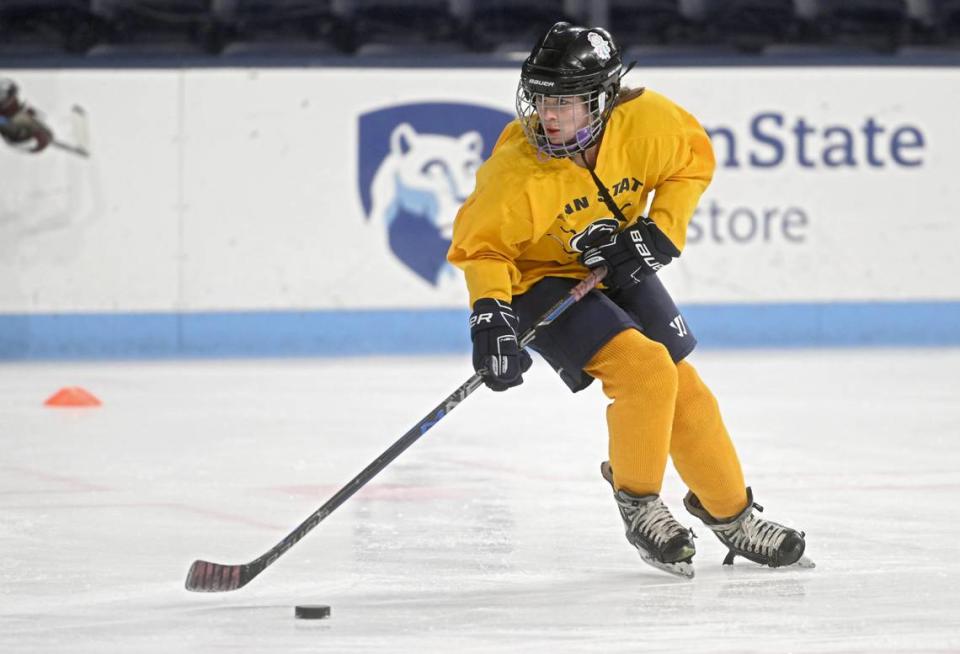 Al Brooks, 13, does a drill during practice for the State College middle school secondary hockey team on Friday, March 17, 2023 at Pegula Ice Arena.