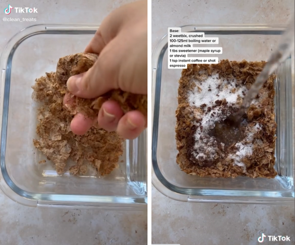 Flat lay view of a caucasian hand on the left crushing weet-bix into a clear dish, and on the right water being poured into the dish of weet-bix and sugar.