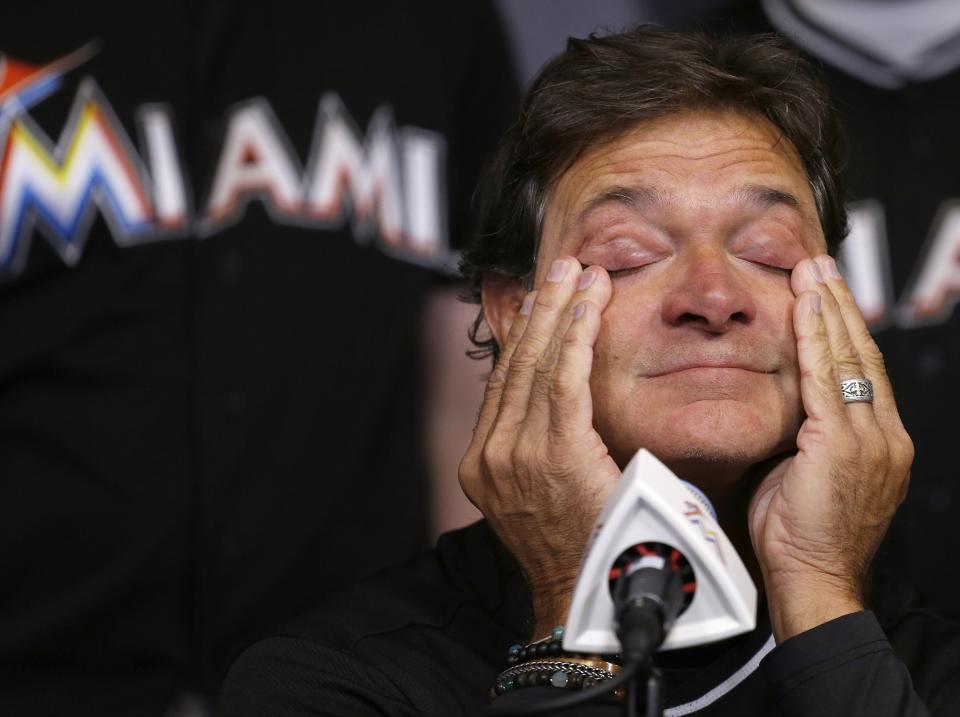 <p>Miami Marlins manager Don Mattingly struggles with his emotions as he speaks during the team’s press conference about the death of Jose Fernandez, Sunday, Sept. 25, 2016, after the announcement of the death of their star pitcher in an early morning boat accident Sunday, in Miami Beach. (Carl Juste/Miami Herald via AP) </p>