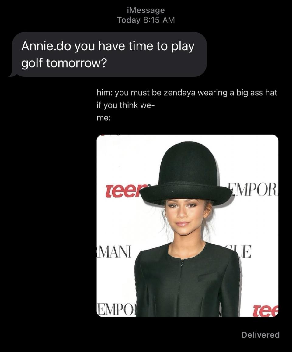 Text message conversation and an image of Zendaya wearing a large hat. Message: "Annie, do you have time to play golf tomorrow?"