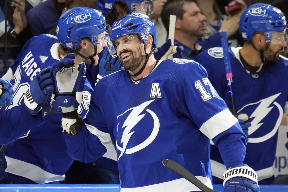 Tampa Bay Lightning left wing Alex Killorn (17) reacts after his goal against the Ottawa Senators during the third period of an NHL hockey game Tuesday, Nov. 1, 2022, in Tampa, Fla. (AP Photo/Chris O'Meara)