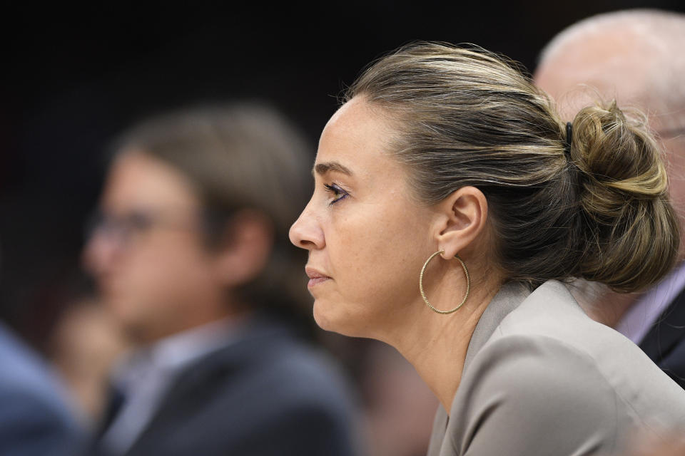 San Antonio Spurs head assistant coach Becky Hammon watches from the bench during the second half of an NBA basketball game against the Washington Wizards, Wednesday, Nov. 20, 2019, in Washington. The Wizards won 138-132. (AP Photo/Nick Wass)
