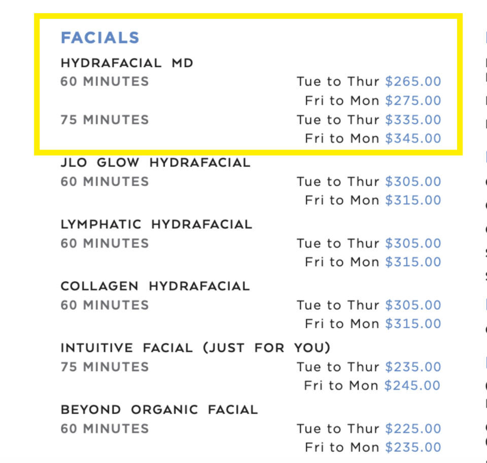 Spa menu listing various Hydrafacial services with prices and available days