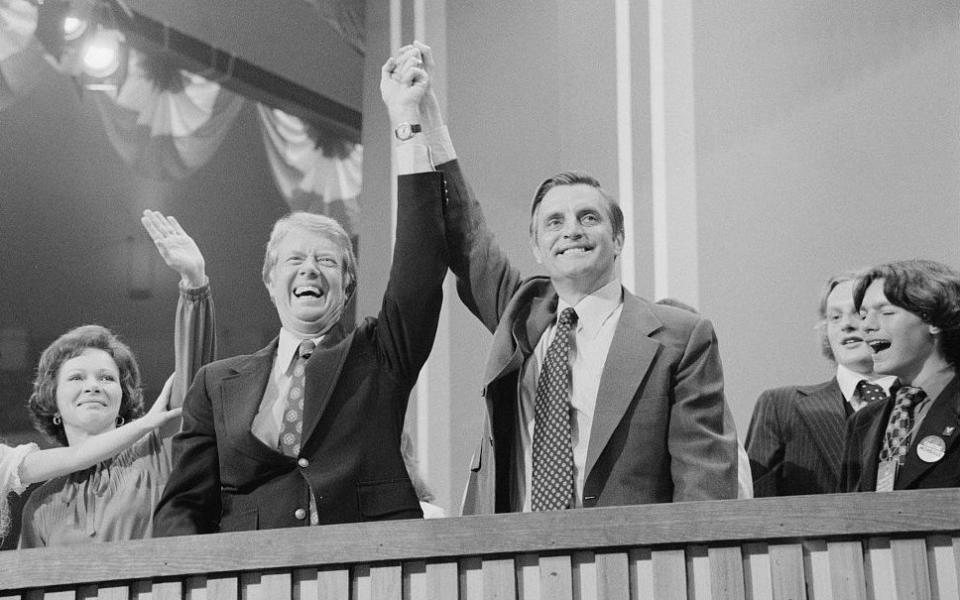 Jimmy Carter and Walter Mondale at the Democratic National Convention at Madison Square Garden in New York City, July 15, 1976 - Reuters