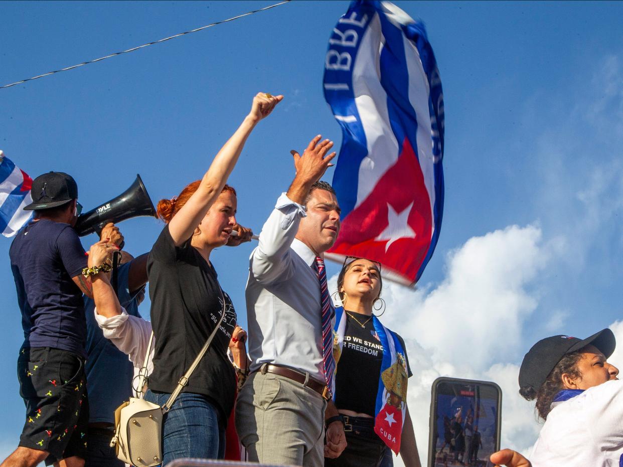 City of Miami Mayor Francis Suarez joins Cuban exiles at a rally in Versailles Restaurant in the Little Havana area of Miami, Sunday, July 11, 2021.  (AP)