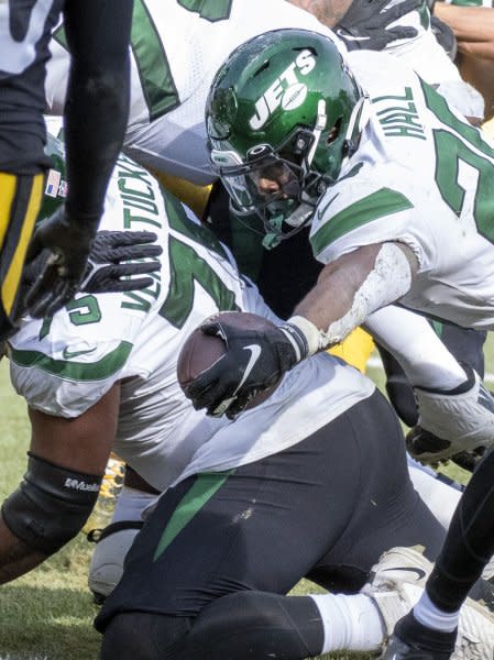 Running back Breece Hall (R) and the New York Jets will host the Philadelphia Eagles in Week 6. File Photo by Archie Carpenter/UPI