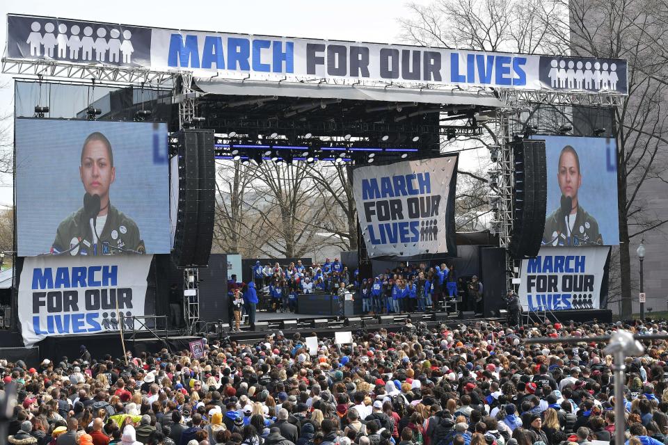 <p>Marjory Stoneman Douglas High School student Emma Gonzalez pauses as she speaks during the March for Our Lives Rally in Washington, DC on March 24, 2018. (Mandel Ngan/AFP/Getty Images) </p>