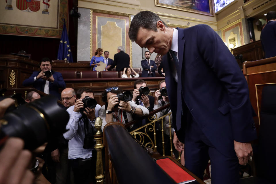 Spain's caretaker Prime Minister Pedro Sánchez arrives at the Spanish parliament in Madrid, Spain, Thursday, July 25, 2019. Spain's Socialist leader says that he has failed to reach a deal with the far-left rival party that is key to him being able to form a new government. (AP Photo/Manu Fernandez)