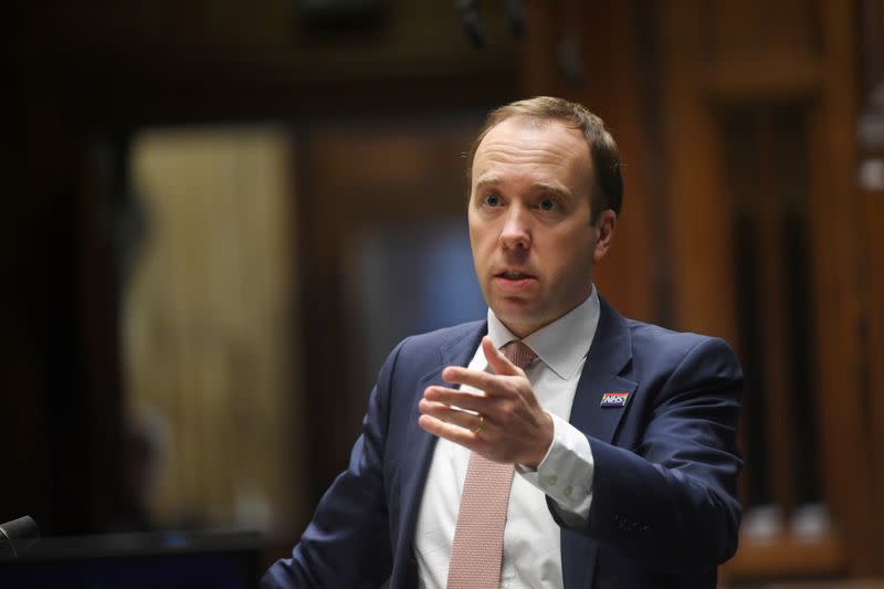 FILE PHOTO: British Health Secretary Matt Hancock speaks about the coronavirus disease (COVID-19) in the House of Commons Chamber, in London