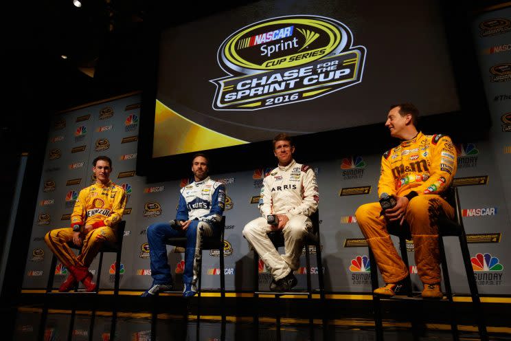 Joey Logano, Jimmie Johnson, Carl Edwards and Kyle Busch were all in a good mood Thursday. (Getty)