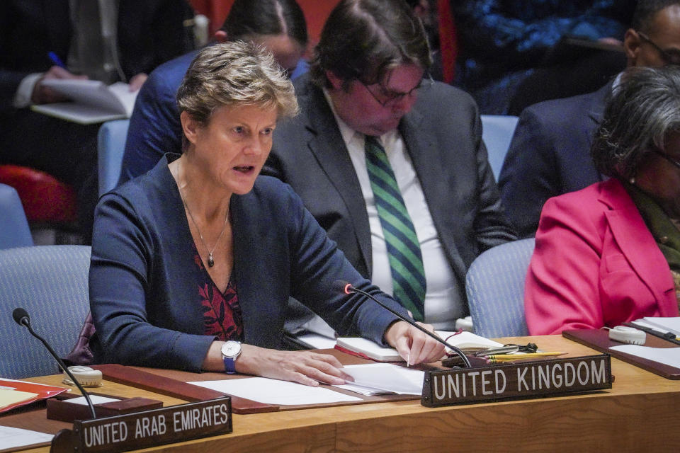 Britain's United Nations Ambassador, Dame Barbara Woodward, addresses a U.N. Security Council meeting to discuss North Korea's ballistic missile test, Wednesday Oct. 5, 2022 at U.N. headquarters. (AP Photo/Bebeto Matthews)