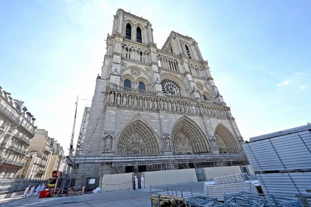 PHOTO: A picture shows the facade of the Notre-Dame cathedral in Paris on April 15, 2022, on the third anniversary of a fire that partially destroyed the cathedral. (Bertrand Guay/AFP via Getty Images, FILE)