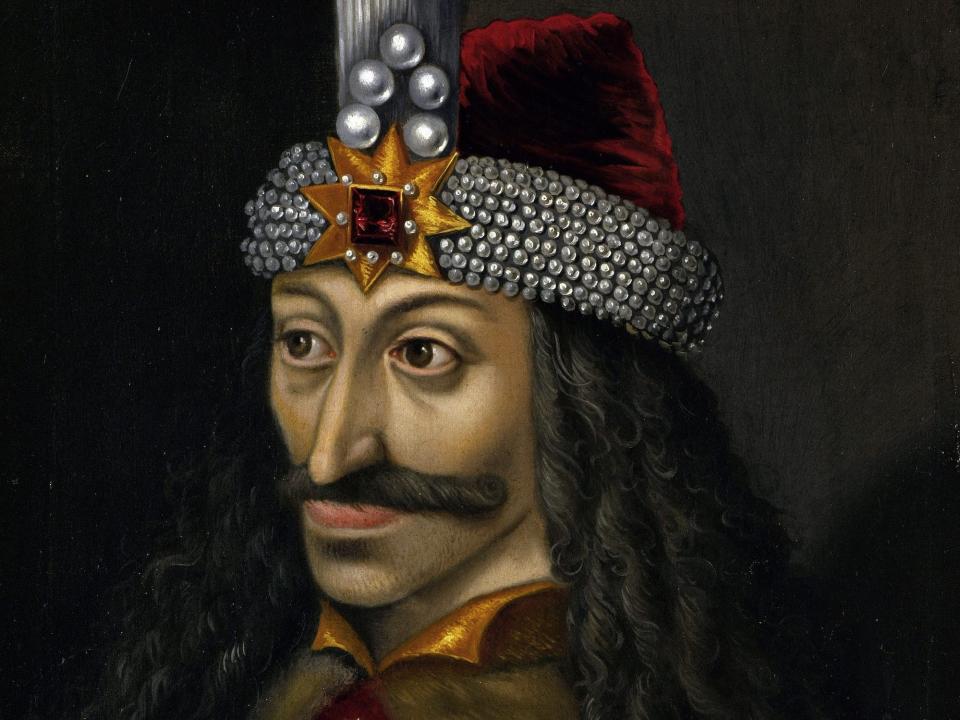 A portrait of Vlad the Impaler wearing a jeweled headpiece