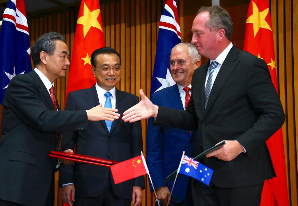 Australian Prime Minister Malcolm Turnbull, Chinese Premier Li Keqiang, Chinese Foreign Minister Wang Yi, and Australian Deputy Prime Minister Barnaby Joyce in Canberra, Australia, on March 24, 2017.&nbsp; (Photo: David Gray/Reuters)