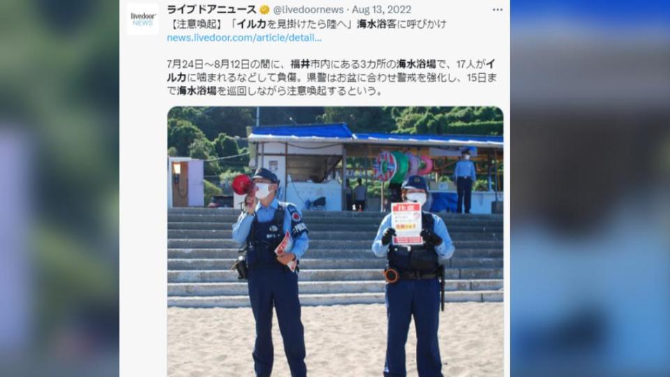 日本警方去年在海水浴場呼籲民眾不要靠近海豚。（圖／翻攝自推特）