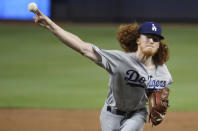 Los Angeles Dodgers starting pitcher Dustin May delivers during the first inning of the team's baseball game against the Miami Marlins, Tuesday, Aug. 13, 2019, in Miami. (AP Photo/Lynne Sladky)