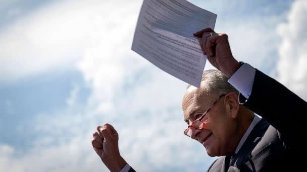 PHOTO: Senate Majority Leader Chuck Schumer arrives to a news conference about the Inflation Reduction Act outside the U.S. Capitol, Aug. 4, 2022, in Washington, DC. (Drew Angerer/Getty Images)