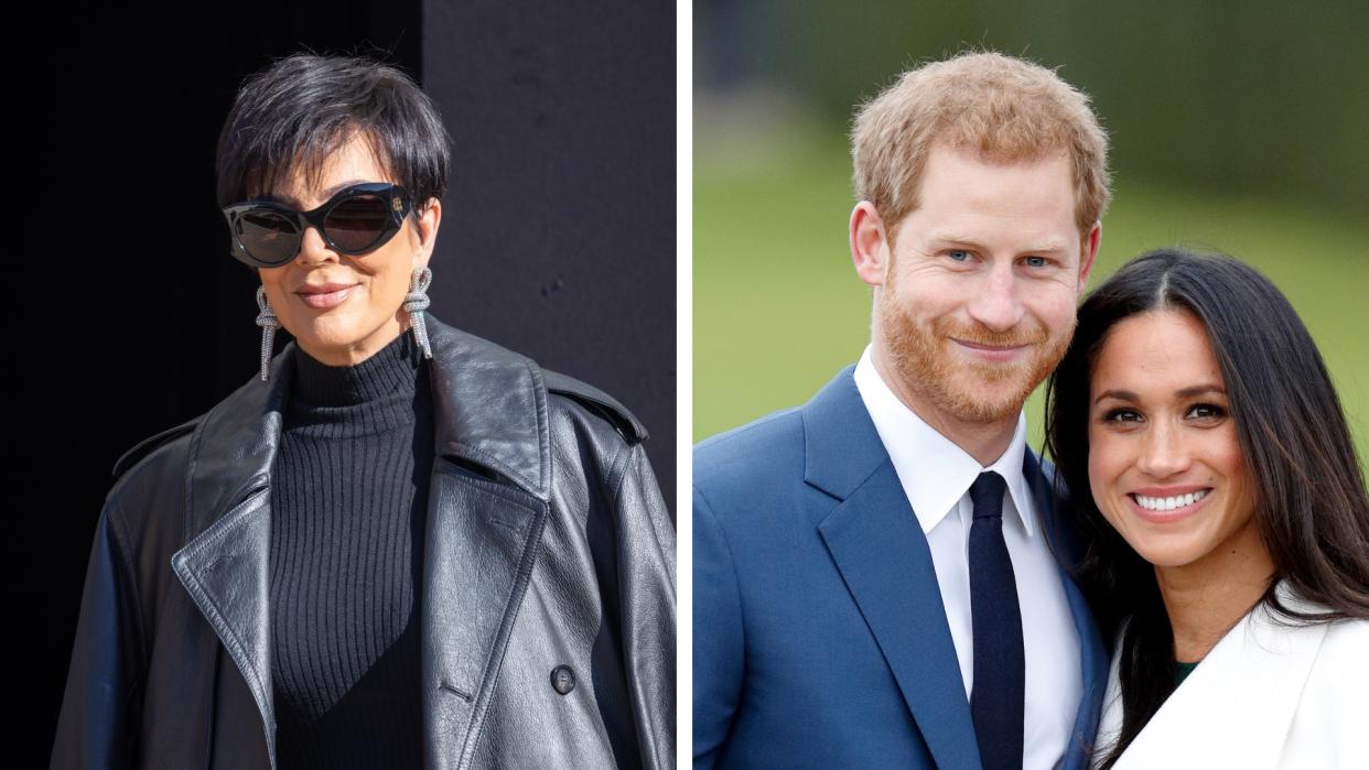  Kris Jenner Prince Harry and Meghan Markle Kardashians  - Kris Jenner pictured wearing sunglasses and a leather jacket at the the Balenciaga Womenswear Spring/Summer 2024 / alongside a picture of Prince Harry and Meghan Markle at  Kensington Palace on November 27, 2017. 