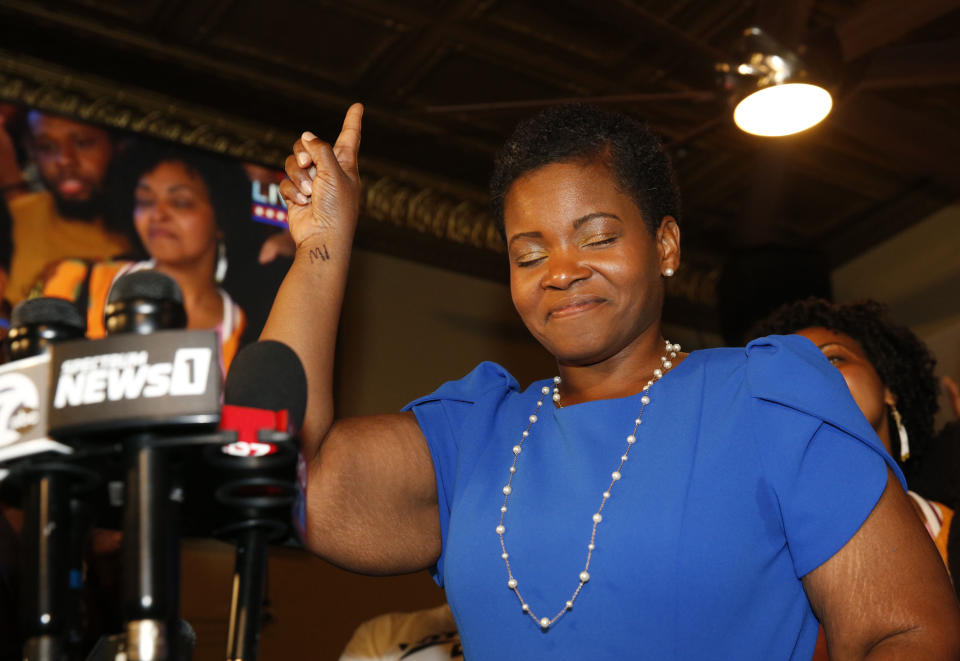 Democratic Buffalo mayoral primary candidate India Walton delivers her victory speech after defeating incumbent Byron Brown, on Tuesday, June 22, 2021 in Buffalo, N.Y. The 38-year-old nurse and union leader pulled off the surprise victory with the backing of the Democratic Socialists of America in a campaign focused on affordable housing, health care and criminal justice reform.(Robert Kirkham/The Buffalo News via AP)
