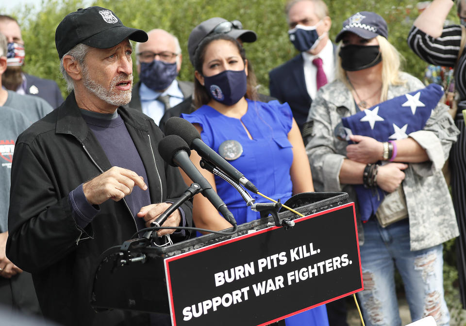 WASHINGTON, DC - SEPTEMBER 15: Comedian and writer Jon Stewart speaks at a press conference on "The Presumptive Benefits for War Fighters Exposed to Burn Pits and Other Toxins Act of 2020" at the House Triangle on September 15, 2020 in Washington, DC. The phrase "burn pit" refers to an area of a deployed military base devoted to open-air burning of waste often using jet fuel as an accelerant. (Photo by Paul Morigi/Getty Images)