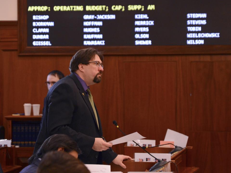 Sen. Robert Myers, R-North Pole, speaks Wednesday, May 1, 2024, during debates on the state operating budget. (Photo by James Brooks/Alaska Beacon)