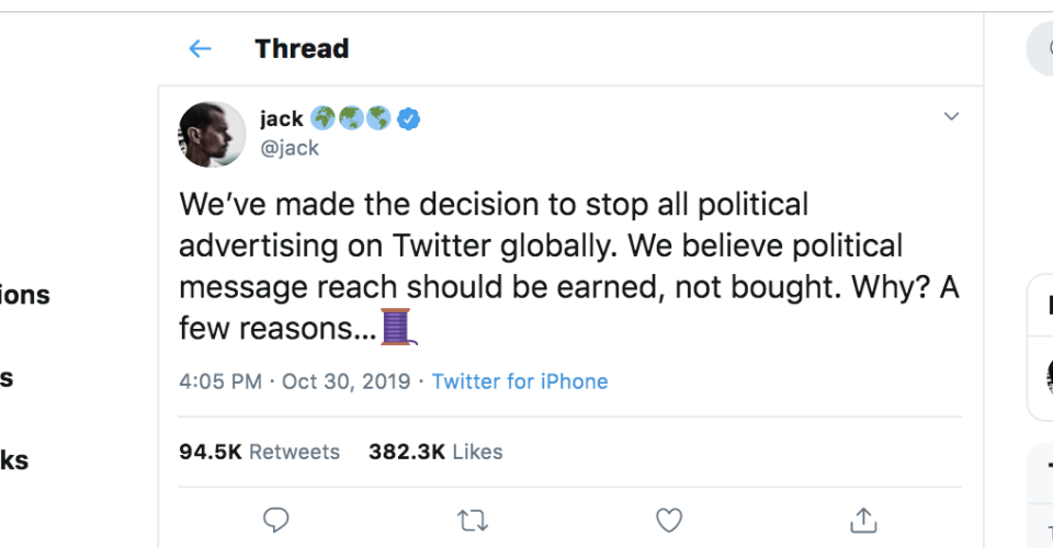 50) Twitter Ends Political Advertising (2019)