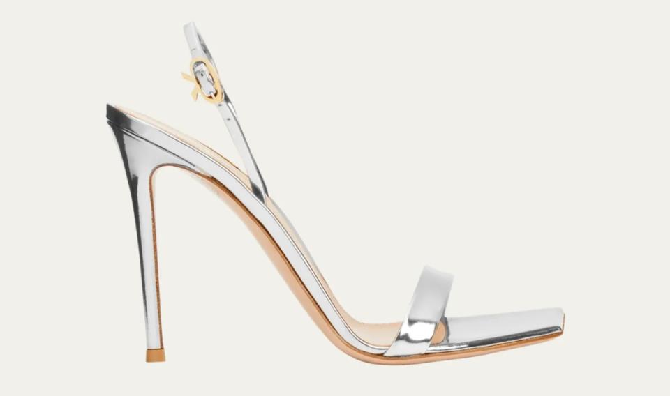 Gianvito Rossi Metallic Calfskin Slingback Sandals, silver metallic sandals, silver stiletto sandals, stiletto sandals, slingback sandals