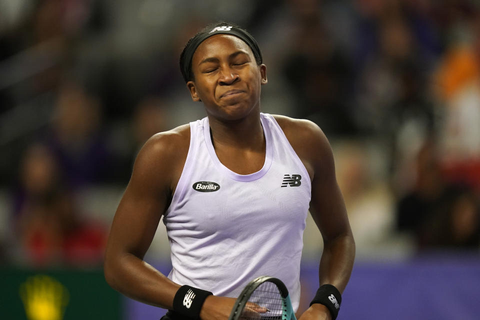 Coco Gauff of the United States reacts to losing point during the first set against Iga Swiatek of Poland during round-robin play on day six of the WTA Finals tennis tournament in Fort Worth, Texas, Saturday, Nov. 5, 2022. (AP Photo/LM Otero)