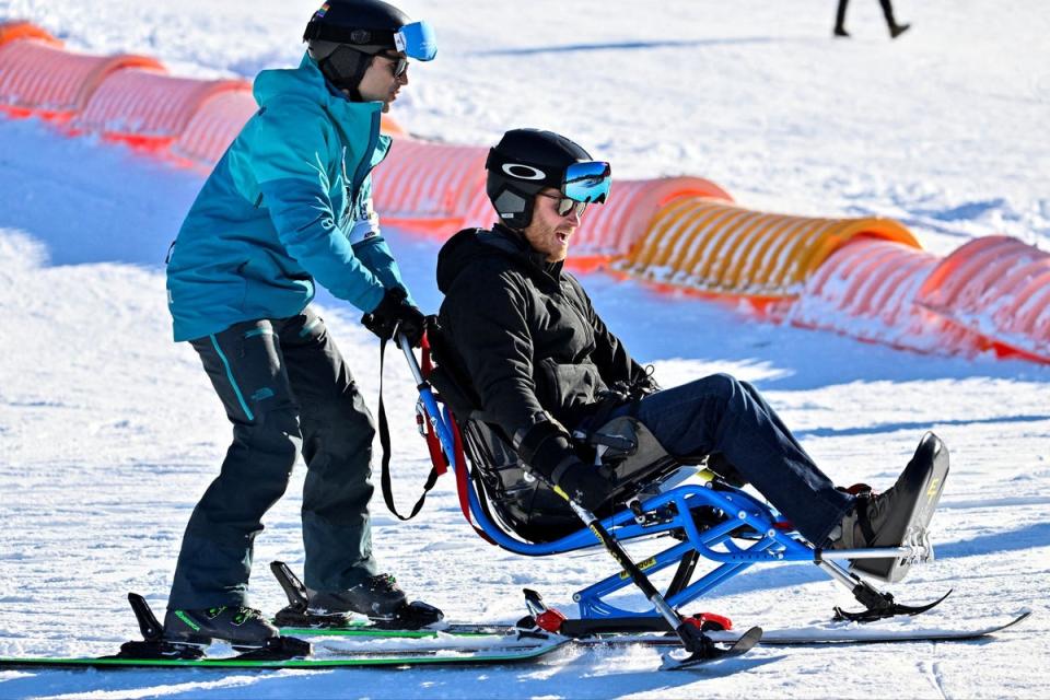 The Duke of Sussex practices sit-skiing during a visit to the training camp for the Invictus Games (REUTERS)