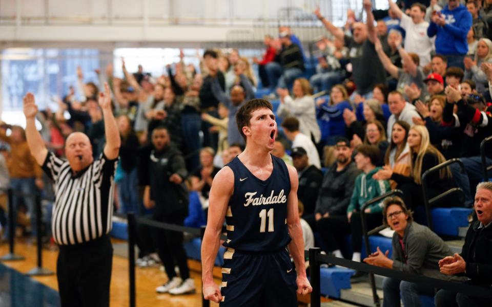 Fairdale’s Dalton Hicks celebrates on of his 3-pointers against DeSales in the KHSAA Boys 6th Regional Tournament semifinals at Valley High School. Mar. 9, 2024